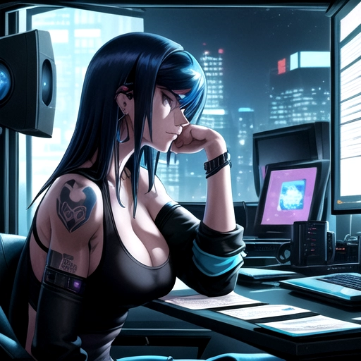 POV shot, side profile, of a highly detailed beautiful, thin caucasian Cyber punk female in the style of Masamune Shirow with blue black hair, her hair is hanging down on the backside of her face, head tilted forward sitting in front of a computer monitor leaning forward on her arms, looking focused, at a desk with a tank top on showing cleavage and tattoo sleeves on her arms and a small line tattoo on her cheek. Dark background with a cyberpunk city skyline at night in the window and a blueprint on the wall, she has a bracelet on her wrist and is wearing earrings on her ears
