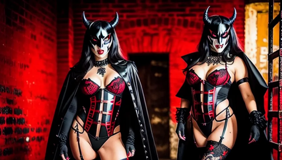 A gorgeous transgender woman (m2f) wearing devil mask, her full body in the image, lots of red and black ,vibrant, vivid, art, realistic, fantasy, HDR, 32K, romantic, high heels, panties, lingerie, sexy, beautiful, female perfection, nudity, background concentration camp, dungeon, people in cages background,