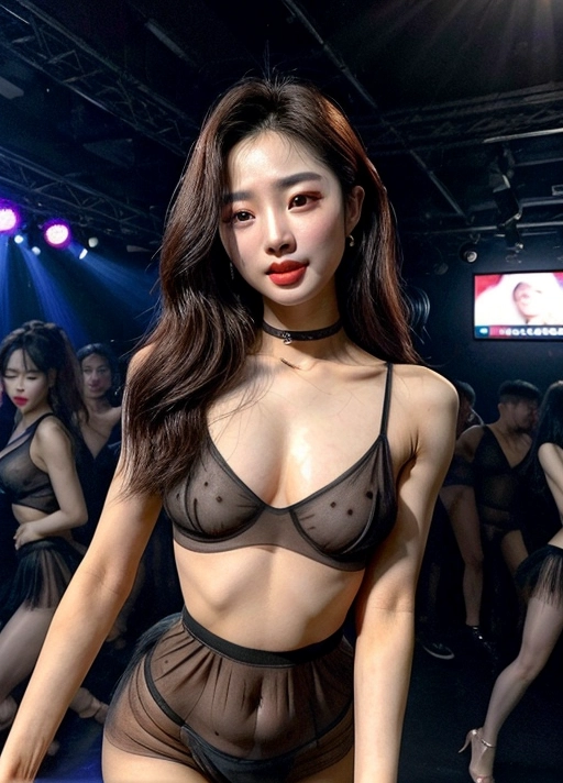 (((18 year old))), ((juvenile)), dpmg_asian_aesthetic_v1, wearing a small sheer black crop top and mini skirt, dancing in a busy night club, beautiful, detailed skin, realistic detailed face, Rough skin, Skin blemishes, detailed pours, looking at the viewer, ((photojournalism)), fun, happy, sexy, erotic, dancing, crazy, <lora:dpmg_add_detail:1>, pale skin, perfect anatomy