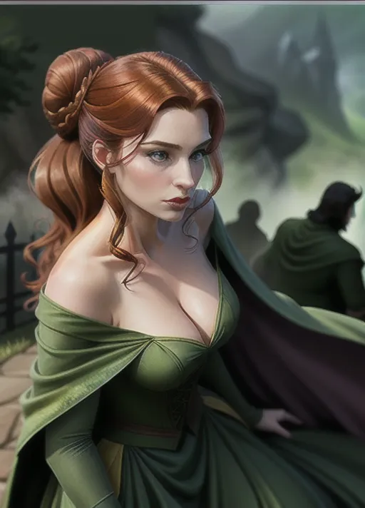 low angle dressed in elegant dark green velvet gown and cape, the one she wore to the unveiling of the statue of her parents, her hair done up in a low hanging bun, sweet Beautiful youthful sultry auburn haired newly turned vampire Queen Anna of Arendelle runs her tongue across her new formed pair of vampire fangs her eyes glowing bright red as she rises from her dark foggy cobwebbed crypt. photorealistic.