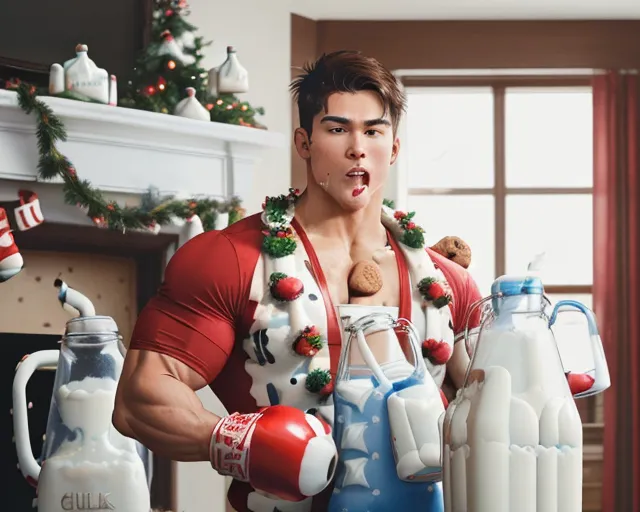 super fit athletic guy with big biceps in a santa outfit, (((((punching a cookie midair))))), ((((((chugging a gallon jug of milk)))))), standing in front of a christmas tree and fireplace. a plate of cookies are siting on a coffee table, cookies fragments are going flying as he eats. the christmas tree is covered in ornaments and colored lights. there is a mantle above the fireplace with wreaths, (cookie flying past his face in all directions), real life, photorealistic, photo,