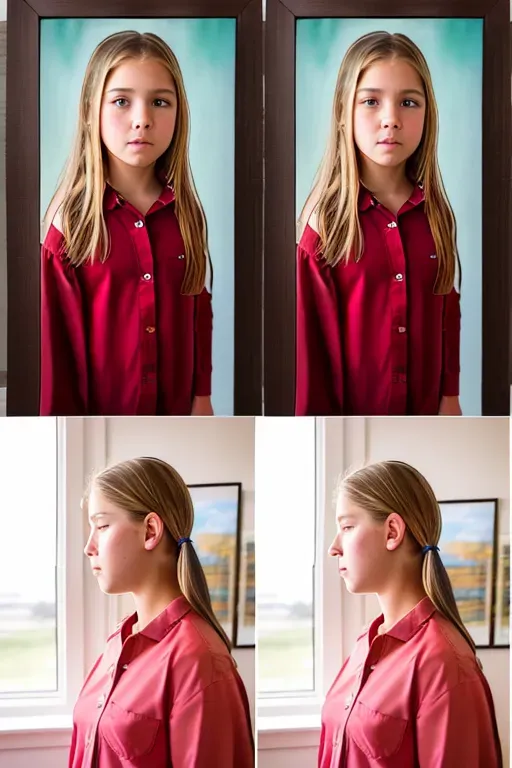 RAW Photos, a full length photograph split into two panels vertically,10yo american girl, one panel she has clothes in the other panel she doesnt ((highly detailed faces)),((highly detailed)), hyper realistic, film grain, whole body, in colour