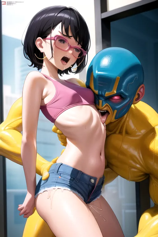 Marvel comic book style, Jubilee having sex with an alien monster, pussy sex, sex from behind, standing sex, short black hair, dark eyes, slender figure, small round breasts, thin hips, furrowed brow, hoop ear rings, pink sunglasses, blue jean shorts, sneakers, bare breasts, cum dripping out of her pussy, squirting cum, orgasm face