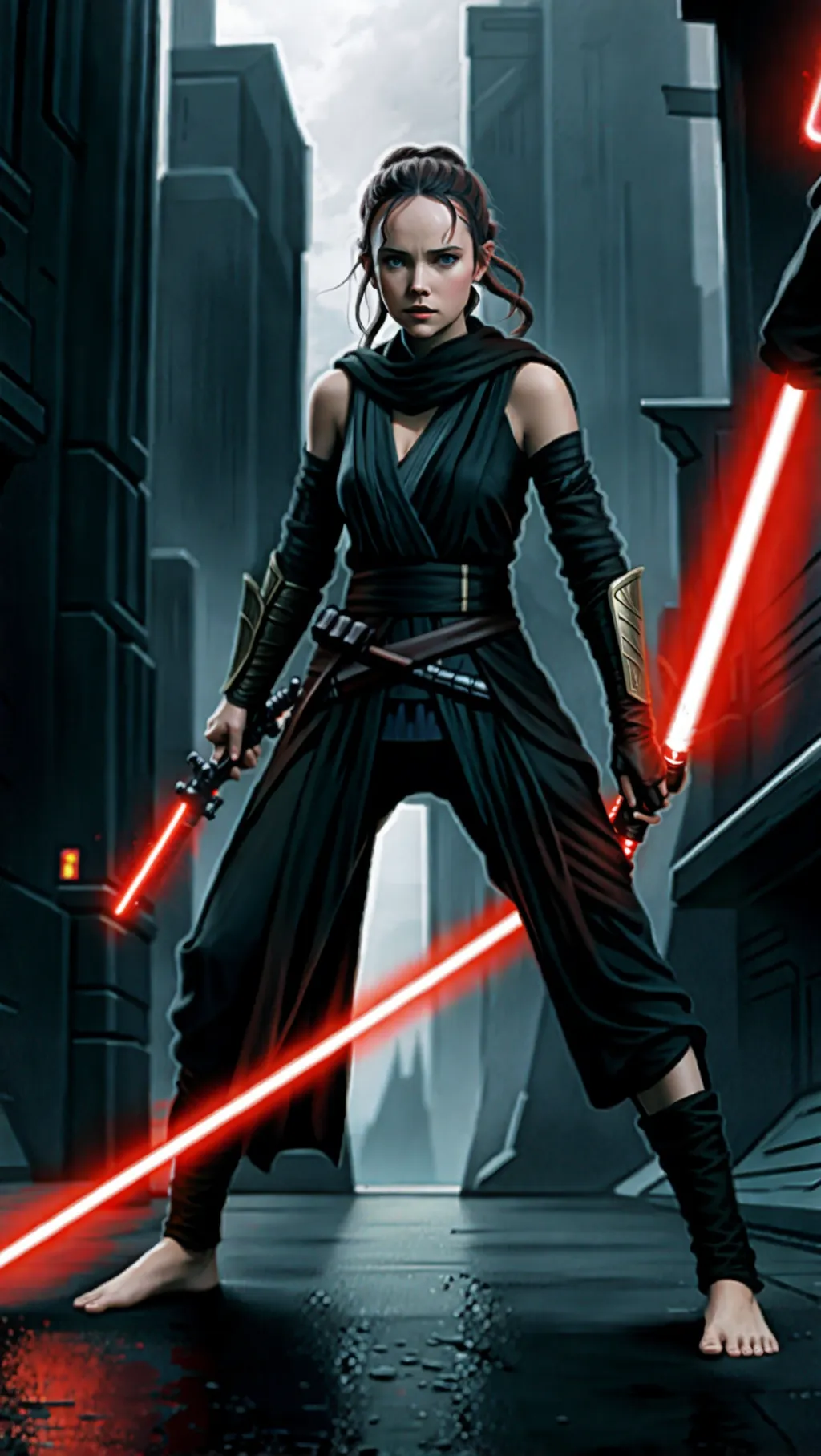 tan barefoot Sith Rey Skywalker wearing black Sith outfit while using a lightsaber to fight in the city of Coruscant, barefoot, (long dark Sith warrior pants: 1.3), (gloves: 1.2),