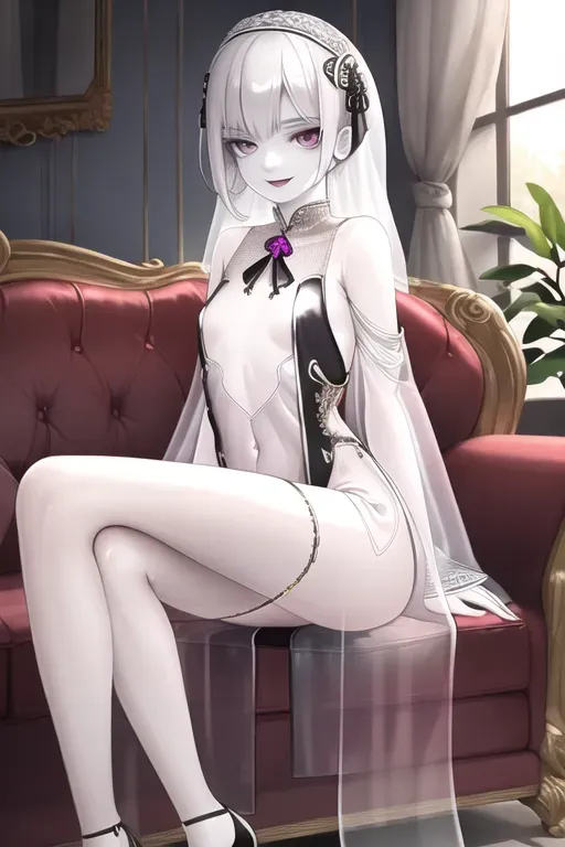 pale white skin girl with long transparent dress sitting on a sofa, she has a seductive smile, small tits and her legs are crossed