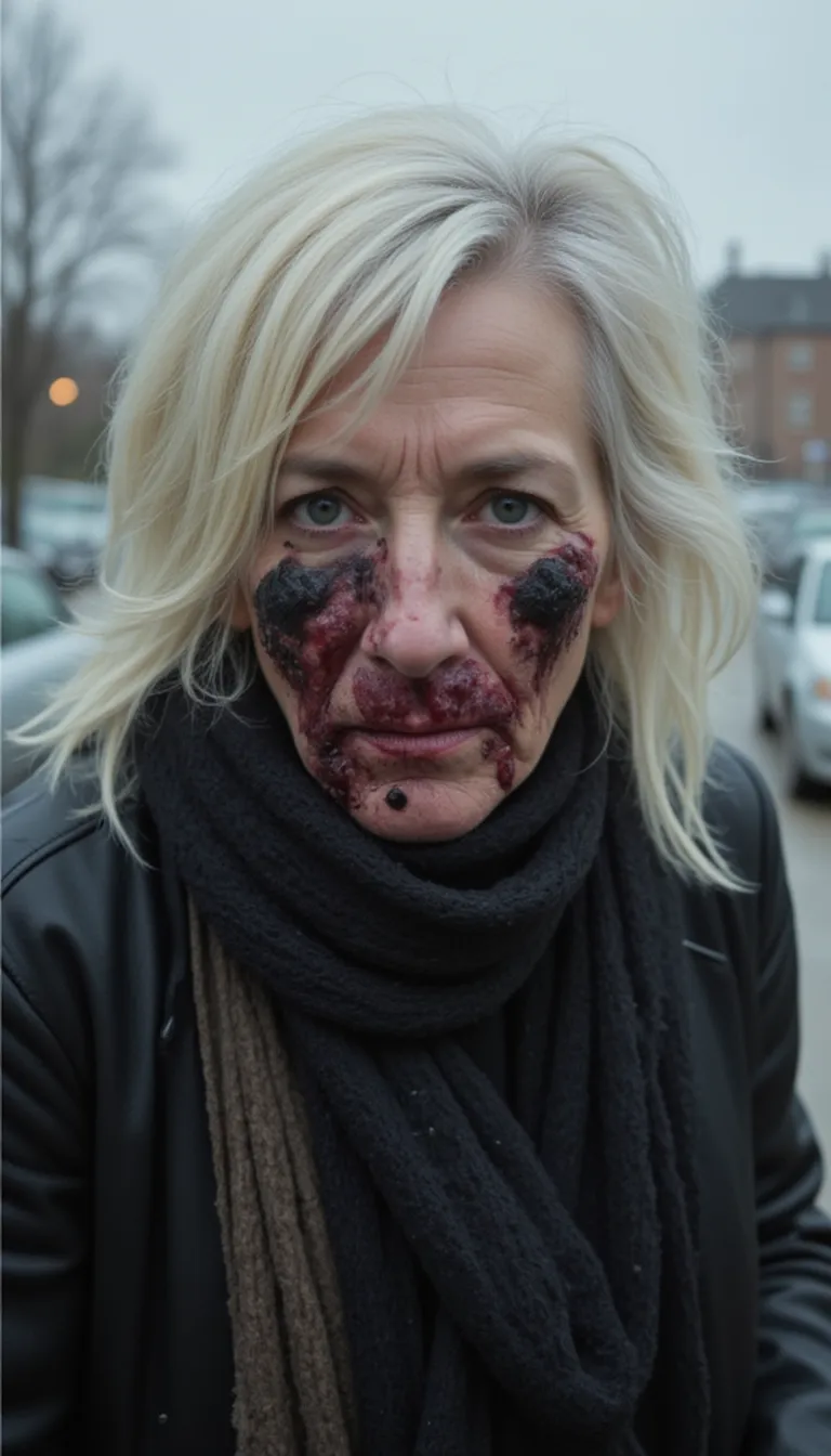 60 year old woman attacked by blackbirds birds in a parking lot, bloody face