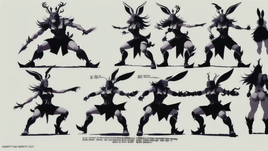 ink illustration, a rabbit with antlers. Small, rabbit body, Bunny rabbit legs, deer horns, Shown in various,dynamic action poses, various angles, (Concept art:1.3)