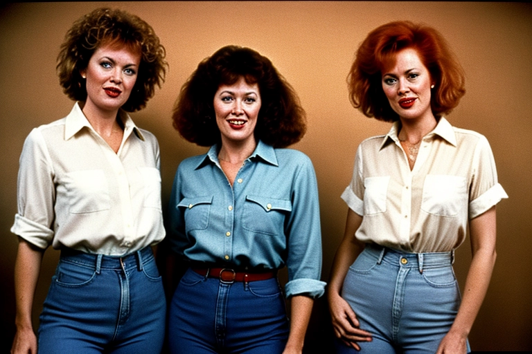 ektachrome shot, two scandi jazz babes with round figures and natural breasts, their messy hair down, wearing short torn jeans and tight blouses, the year is 1982