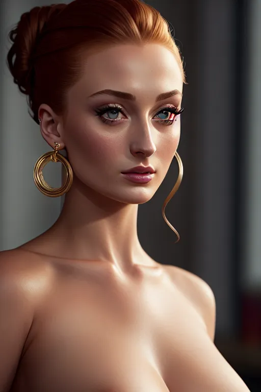 a illustration of,sophie turner,naked,at the office,small breasts,five fingers per hand,updo hair,charming face,beautiful lips,detailed large eyes,curved eyebrows,curved eyelid,smooth skin,peaceful,wearing golden ring,artstation,bokeh,highly detailed,cinematic lighting,sharp focus