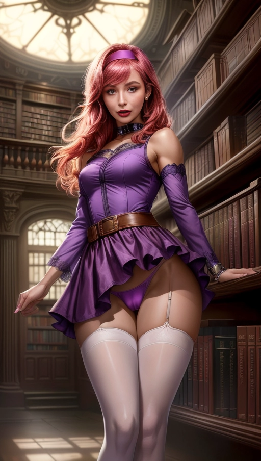 ,(Award winning close front view portrait hyper-realistic painting:1.2) ,epic cinematic front lights,((insanely high detailed finish on everything)), hyper-maximalist,(hyper-realistic cute confident stunningly beautiful gorgeous nubile attractive rich spoiled bitch woman as the main protagonist Daphne in a Scooby-Doo erotic movie)),((she is searching for clues in a library bookshelf when a perverted ghost decides to get frisky and prank her by lifting her skirt exposing her butt for those looking at her)),((visible panties)),Daphne headband, Daphne red hair,((she is showing an shocked ashamed facial expression as the ghost lifts her dress up in the air exposing her butt and panties)) , accurate detailed beautiful realistic face,(slim athletic erotic feminine toned fitness body),(elite fitness trained ass), toned abs, full body shot, well-lit front body, intricate abstract art, ((wearing a functional conservative Scooby-Doo Daphne Dress short long-sleeved purple dress featuring a mauve hem and cuffs with an additional mauve hoop below the waist Her outfit also includes pink pantyhose )),((detailed indoor dramatic cinematic haunted public library scene background)),intricate artwork, ray tracing, well lit,(epic cinematic front light), God rays, high detail, sharp focus, complex concept art,digital painting, ambient lighting, 32k,best quality,HDR,UHD,RAW,best quality,<lora:dpmg_add_detail:0.8>, fantasy illustration,high contrast,((cameltoe)),