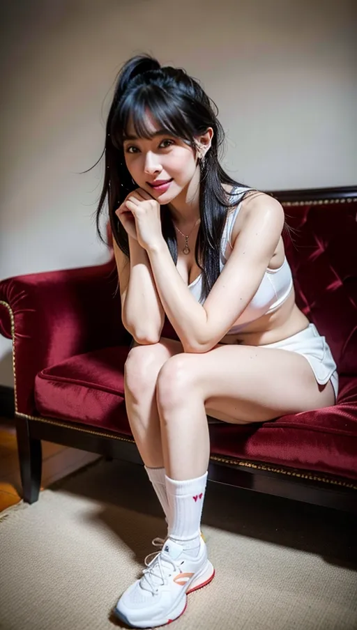 (best quality:2.0), (masterpiece:1.4), high resolution, (photo realistic:1.9), Korean sexy super model, perfect face propotion, nsfw, (thick sports shoes:1.2), navyblue sports wear, knee socks, thick eyebrow, (moon face:1.2), long neck, small lips, large hair band, full bangs, pony tail, large sparkring brown eyes, double eyelids, cheek blush, round cheek, sexy posture, muscular long legs, cleavage, luxury chair, (shiny sweaty ultra pale skin:1.5), big coy smile, beautiful constriction, broad forehead, ultra detailed fabric, detailed skin, dropping eyes, soft dim hotel room,