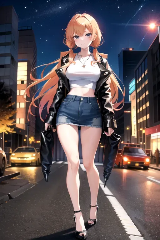 full body, strawberry blonde hair, hazel eyes, short girl, denim miniskirt, black high heels, looking at viewer, long hair, pale skin, silver necklace, black crop top, 24 years old, giant breasts, cute face, pov, wavy hair, city environment, Oklahoma City, wide eyes, erotic, skirt tug, leather jacket, nighttime, black backpack, slim body, low pigtails, running towards camera