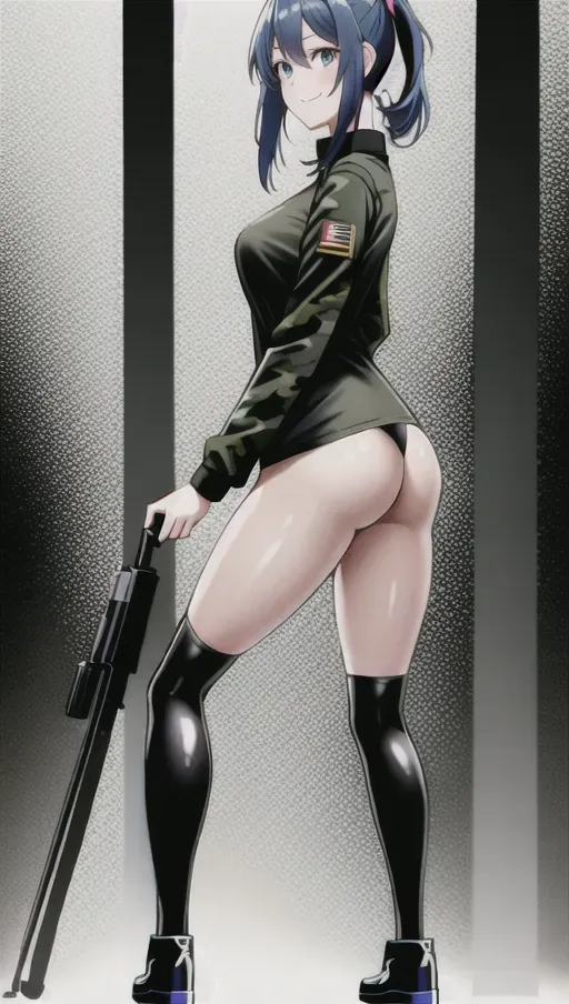 in the forest, in the woods, full body view, head to toe, (legs), ((with head)), portrait size, (showing face), (eyes), (legs), accurate face, top of head, shot from behind , bum, ass, cheeks, beautiful, (British girl), girls, side on, turned, slim figure , thin girl, slim body, curved figure, sexy, looking at camera, over shoulder, ((full length body)), smiling, happy, coloured hair, different hair, ponytail, pigtails, blue eyes, green eyes, uniform, tight clothes, boots, camouflage, camo, DPM pattern, military, feet , shoulder width apart, in frame, in shot