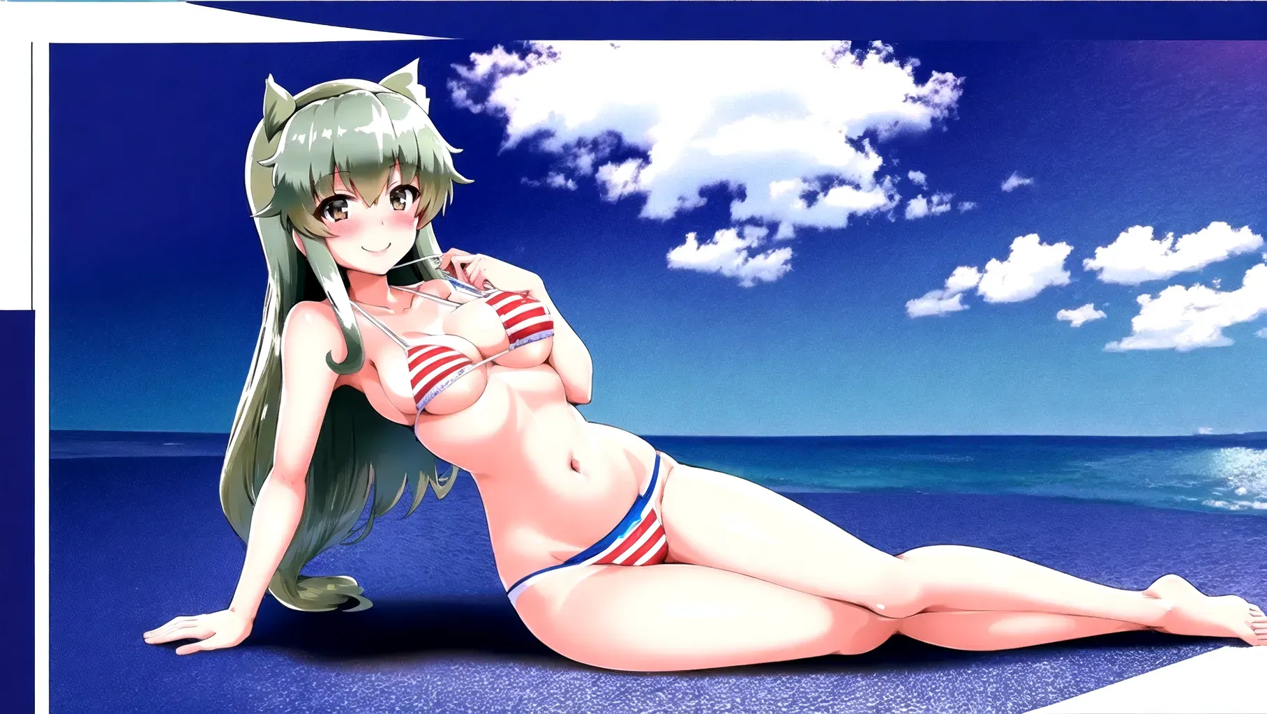 8k high detail photo, anchovy (girls und panzer), American Flag bikini, solo girl, smile, blush, full body, beautiful, centered on girl, medium breasts, tan lines, no bra,