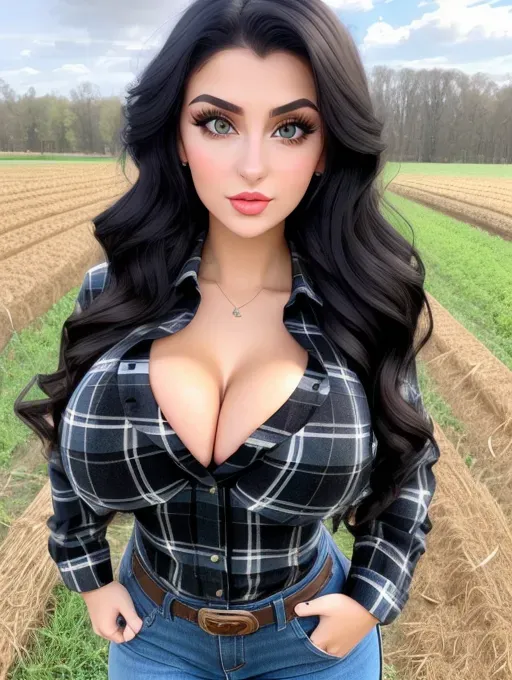 Gorgeous young Albanian woman, photo cute attractive young face, large wide doe eyes, light colored eyes, big plump pouty lips, huge gigantic boobs, (gigantic tits), raven-black hair, sexy, thin, slim waist, farm outfit, tight flannel shirt, photorealistic, best quality, ultra high resolution