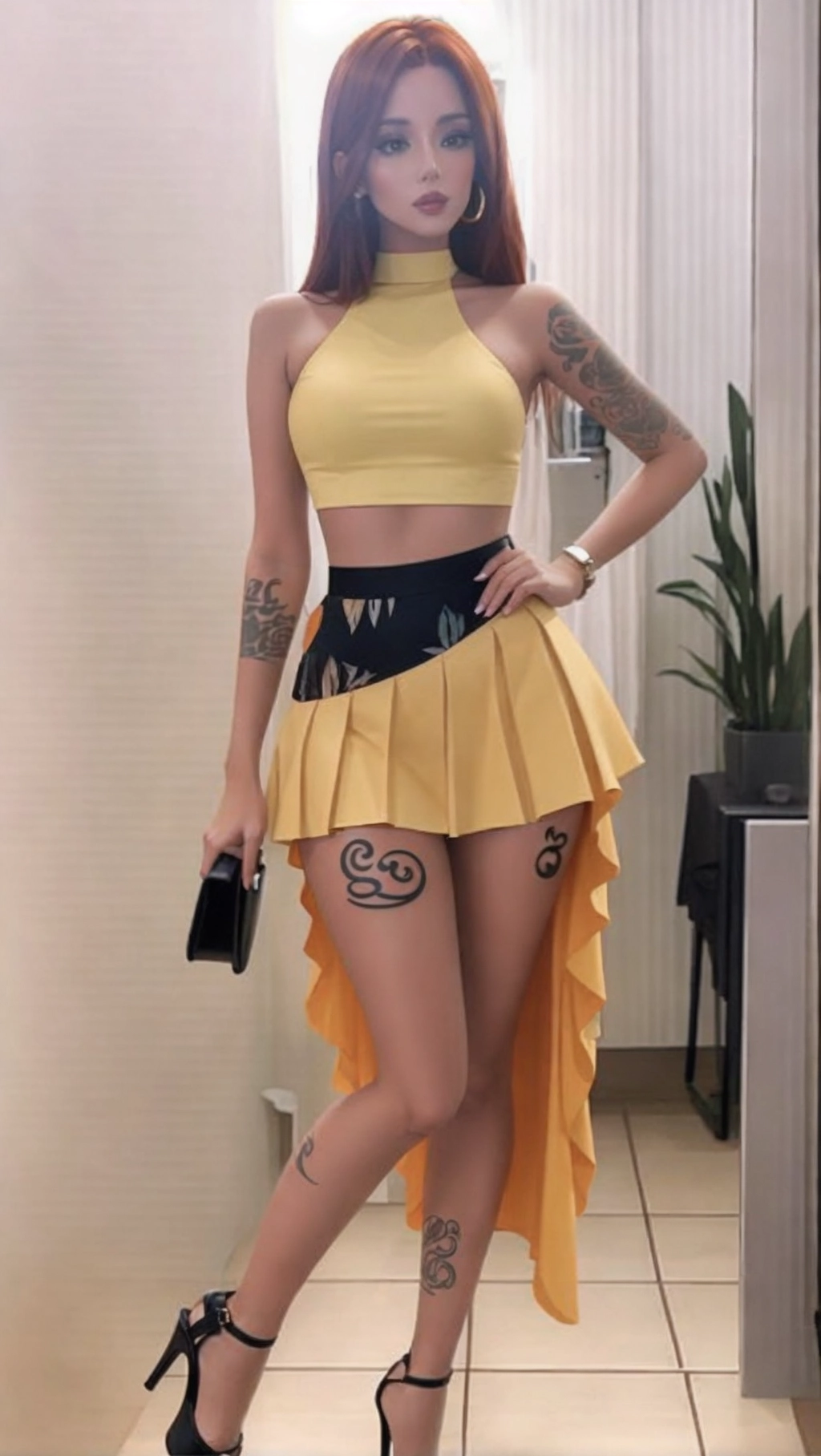 Skinny woman with curves, she has auburn hair, she is wearing a yellow crop top, a long split skirt exposing her thigh, she has tattoos, high heels,