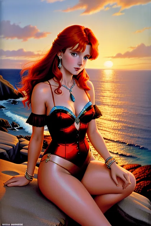 a colour painting of, a young Sarah Duchess of York, auburn hair, wearing skimpy pale blue jewelled lingerie, sitting on a rock by the sea, rocky coastline, at sunset