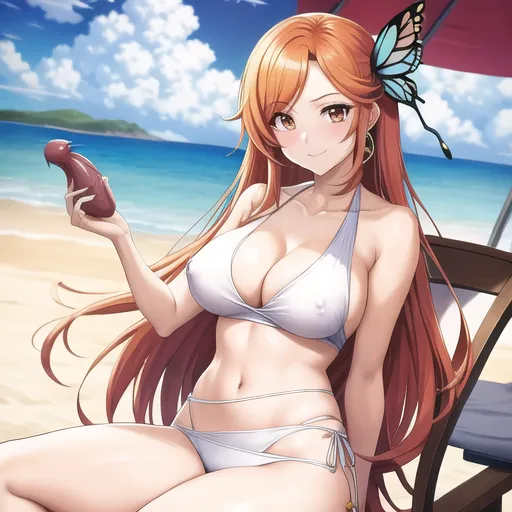 character:inoue orihime, cock in her hand, man sitting next to her, men lined up to take turn, cleavage, on beach chair, tight tank top, sunglasses, g string, butterfly hairpin, hard nipples,