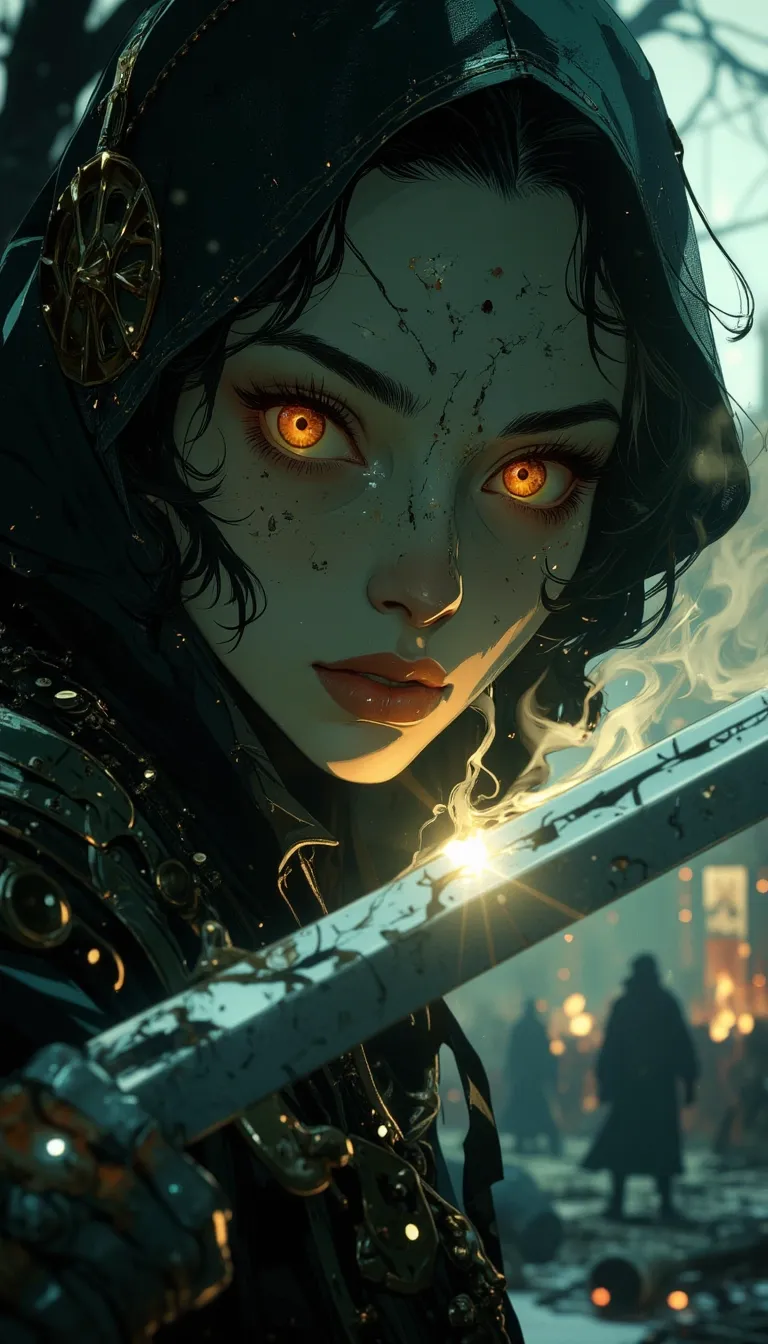 Anime art.
This is a hyper-realistic cinematic photogrpah featuring a ghostly swordswoman, her face partially illuminated by the blade of her cracked sword, The camera focuses tightly on her eyes burning with a fierce ghostly light as she prepares to strike, Her breath fogs in the cold air, the faint glow of her skeletal hand grips the sword hilt with fractured armor trailing mist, The blurred battlefield behind her hints at fallen enemies and rising spirits, high contrast, dramatic close-up, motion blur, eerie glow.