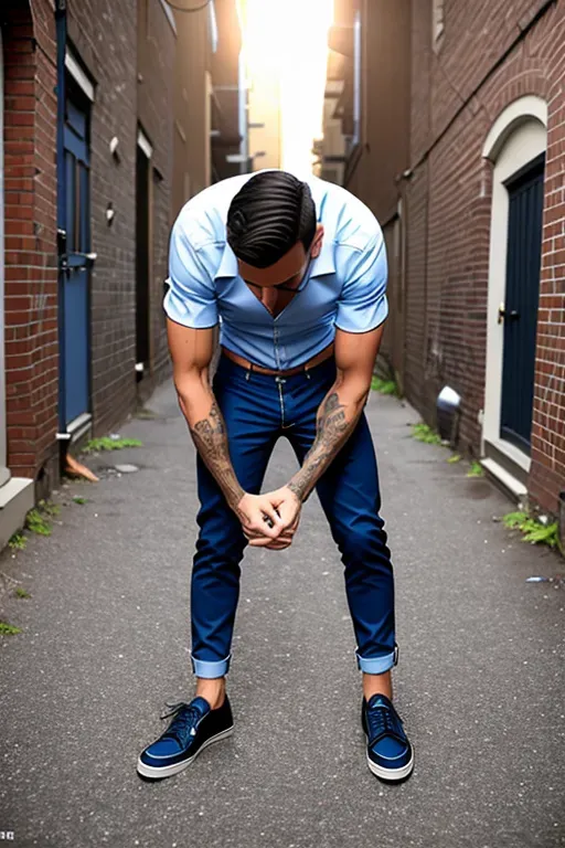 2men have gay anal sex in an alley, a handsome late twenties heroin-chic skinny high tight faded blond male addict who is very tall and lean (((Scandinavian looking but exhausted with dark circles under sunken bright blue eyes, pants around his ankles, short sleeve button down unbuttoned showing ribs and small muscles, shoes on, bent over in an alley))) is being choked and penetrated from behind by a tall dark handsome lean late thirties Arab man with short hair big veiny dick (((fully clothed, button down coming untucked from suit pants, pants on but unbuttoned and unzipped))) wide-angle shot, high def 8k scene of a man choked and penetrating another man from behind pov