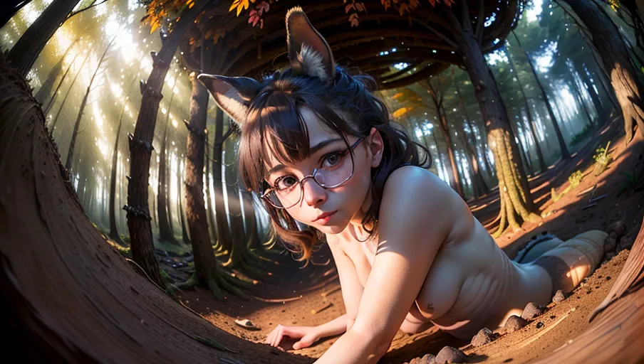 A digital photograph of, professional photograph, 1 beautiful hare woman with wooden glasses naked is hidden (in her burrow:1.6) ((in a forest)) in autumn, she is showing her head outside to look around, only her head and her breasts are visible, (cautious:1.6), (close-up:1.2), (((small furry breast))), (((furry brown skin))), (((beautiful face))), beautiful big round eyes, highly detailed, (cinematic lighting), ((fisheye lens)), cinematic composition, thriller atmosphere, (disturbing shadows:1.4), strange bugs flying, dead leafs on the ground, UHD, HDR, vivid colours, bokeh, (highest quality:1.8), highest resolution, (photorealist:1.72), (photorealism:1.72), (masterpiece:1.18), --s 250 --v 5.2