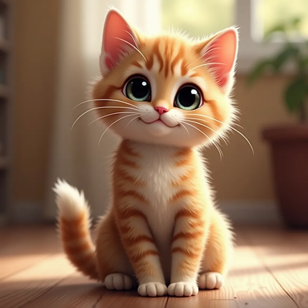 A cute cat sitting gracefully, with big expressive eyes and a fluffy tail curled around its paws. The background is softly blurred, featuring a cozy indoor setting with warm lighting. The cat has a playful expression, with its ears perked up and a slight tilt to its head. The fur is detailed, showing subtle variations in color and texture. The composition follows a 9:16 aspect ratio, perfect for a portrait-oriented image, with the cat centered to draw focus. The style is realistic with a touch of whimsy, enhancing the cat's adorable features.