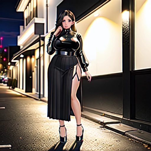 Curvy Filipina on a British street at night Wearing black pleated cotton maxi skirt
Wearing Black high heel pumps
Wearing latex stockings
Wearing white blouse
Ultra realistic face
Plump lips
Show feet