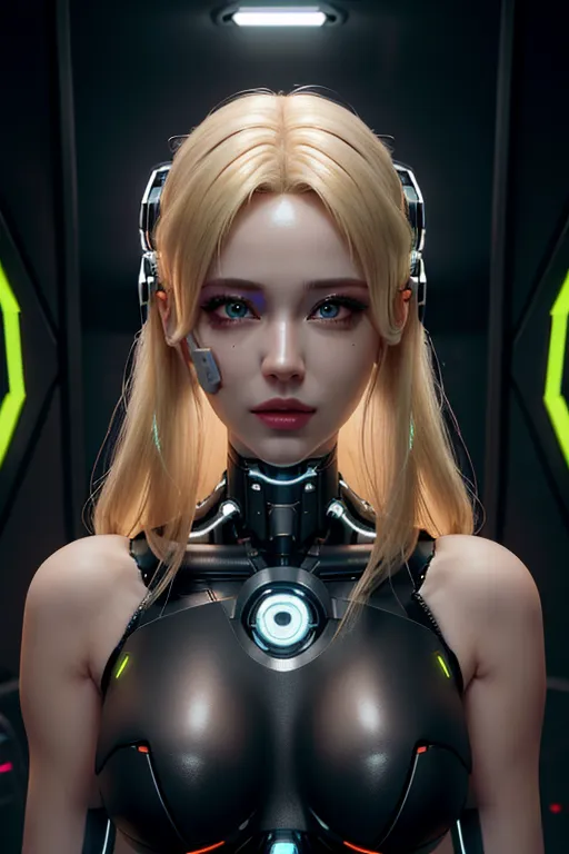 Cute young blonde, cyberpunk, ultra realistic. 8k, ultra detailed face, cybernetic eye, cyborg breast implants,