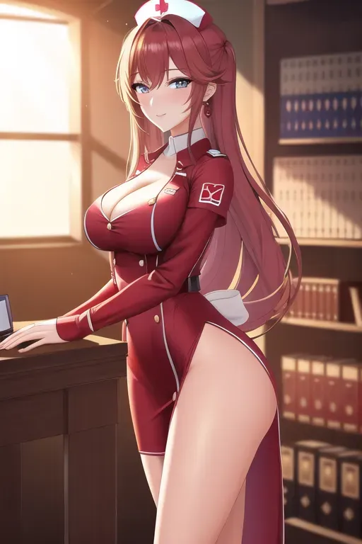 photo shot, 20 year old, a pornstar girl, insanely beautiful, nurse clothes, red, library, day time, sunlight, happy, 8k, professional