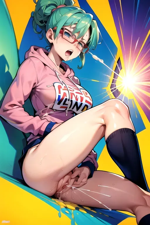 bulma dragonball z, expressive eyes, decent face, bluish hair, glasses, aroused face, glasses, thick tits, bare breasts, (torn hoodie), (((((squirting))))), soaking wet clothes, ((((cumming everywhere from pussy)))), squirting orgasm, pussy juice squirting, squirting orgasm, ((pussy juice squirting)), masturbating and squirting