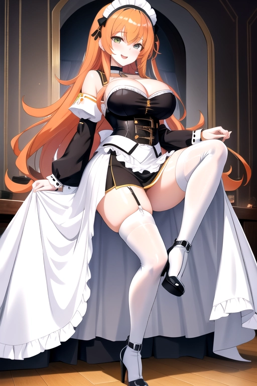 long hair, pale skin, orange hair, green eyes, black choker, giant H-cup breasts, wavy hair, white maid uniform, smiling, full body photo, 28 years old, miniskirt, cleavage, high heels, corset, 8k quality, boots, in living room