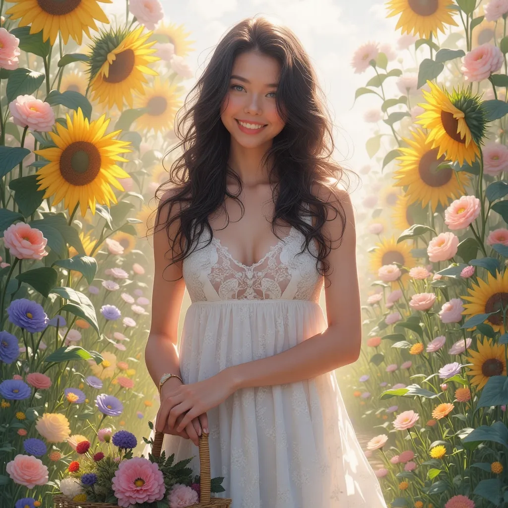 "Create an image of a stunning, 25-year-old young woman standing in a lush, sun-drenched garden on a warm summer day. The model should be dressed in a flowing white sundress with intricate lace details at the neckline and delicate floral patterns adorning the hem. Her long, dark hair should be loose and cascading down her back, with a few stray strands framing her heart-shaped face.
Her eyes are bright blue and sparkling with a radiant smile that showcases perfectly aligned teeth. She has a slender yet athletic build, standing confidently with one hand on her hip and the other holding a wicker basket overflowing with freshly picked flowers.
The background of the image should be teeming with vibrant colors and lush textures, featuring an assortment of blooming wildflowers, verdant foliage, and towering sunflowers that stretch towards the sky. The overall atmosphere should exude warmth, serenity, and carefree joy, capturing the essence of a perfect summer day.
In terms of composition, place the model at the center of the image, with her gaze directed upwards towards the vibrant flowers above. Use a shallow depth of field to emphasize the subject's beauty and blur the background slightly, creating a sense of intimacy and isolation.
The color palette should be predominantly pastel-hued, with shades of pale pink, lavender, and mint green dominating the scene. Accentuate the model's features with subtle golden highlights, giving her an ethereal glow that complements the soft colors around her."
This prompt aims to evoke a serene and idyllic atmosphere, capturing the beauty and vitality of the young woman in the midst of a stunning natural setting.