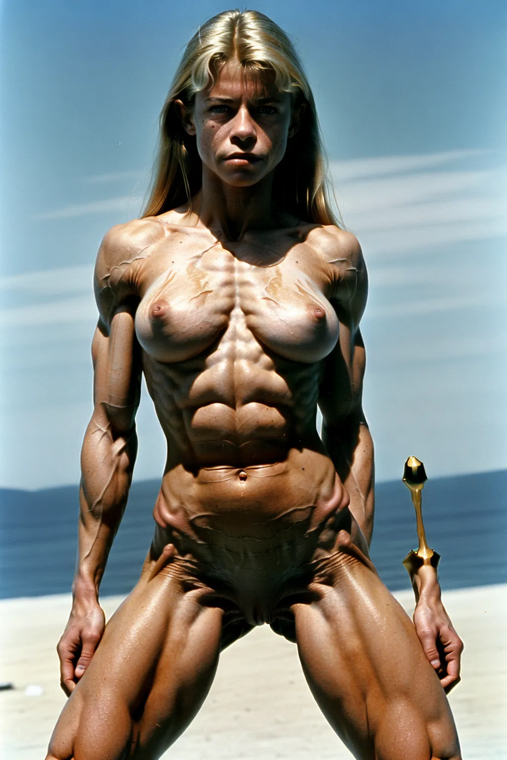 A very fit 18 year old fully naked Linda Hamilton, look of horny look on her face, flexing her abs, very low body fat, extremely lean body, perfect body, showing her vagina, standing on the set of a Terminator movie, fully nude, spreading her legs, perfectly shaped breast, blonde hair, spreading her legs wide open, perfect tan