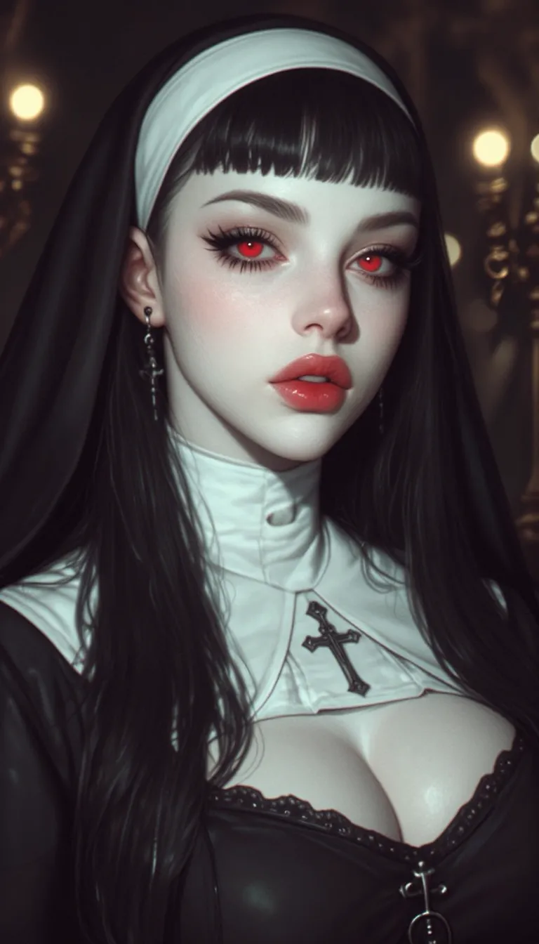 masterpiece, best quality, good quality, very aesthetic, absurdres, newest, 8K, depth of field, dynamic sexy pose, solo, alone, 1girl, nun oni girl, pale white skin, red eyes,coloured skin, blunt bangs, eyelashes, full lips, Pale skin, makeup, nose, mascara, realistic, Cinematic Lighting, portrait,border,cleavage