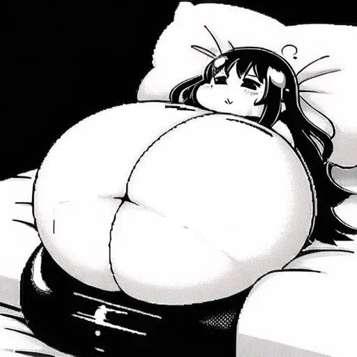 ((obese)), glutton, short, loli, (fat rolls), (spilling), bursting breasts, (covered nipples), (((gigantic belly))), laying in bed, clothes not fitting, (eating), sweets, cookies, cakes, sweating, sticky, unreal engine, sharp focus, 8k