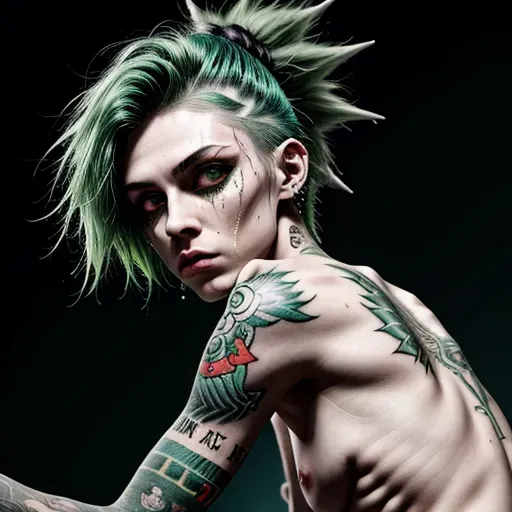 punk women, green hair, tattoos, a lot of piercing, small ass, cum on ass, <lora:dpmg_add_detail:1.0>,big cock, athletic, slim, skinny, beautiful, (sweating), messy hair, (rough fucking), (man and woman), (abs), pulling hair, <lora:dpmg_fucked_from_behind:0.5>, pale skin, high cheekbones, drunk, tears, pain, side angle, scared, 8k, full body, naked