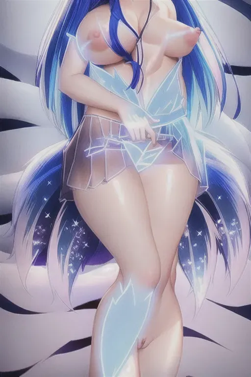 KK14, nude, nipples, vagina, massive breasts, furry, blue hair, bang over right eye, blue eyes, furry wolf girl, no skirt, crystal tails