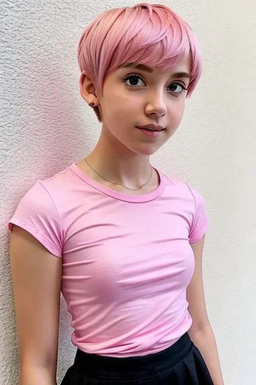 Dopamine Girl - 16-anos, arms over head, pixie cut, pink hair, fully ...