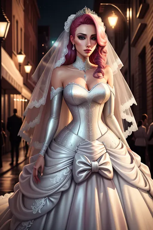 digital painting, 25 year old, an e-girl, insanely beautiful, wedding dress, metallic, wedding, daytime, street lights, sad, 8k, professional