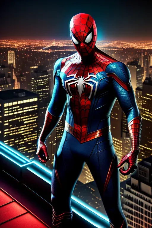 Cyberpunk Spiderman, mask on, glowing accents, male, 8k wallpaper, best quality, ultra hd, cinematic lighting, studio lighting, hi-resolution, high quality, highly detailed, (((ON A CITY ROOFTOP)))