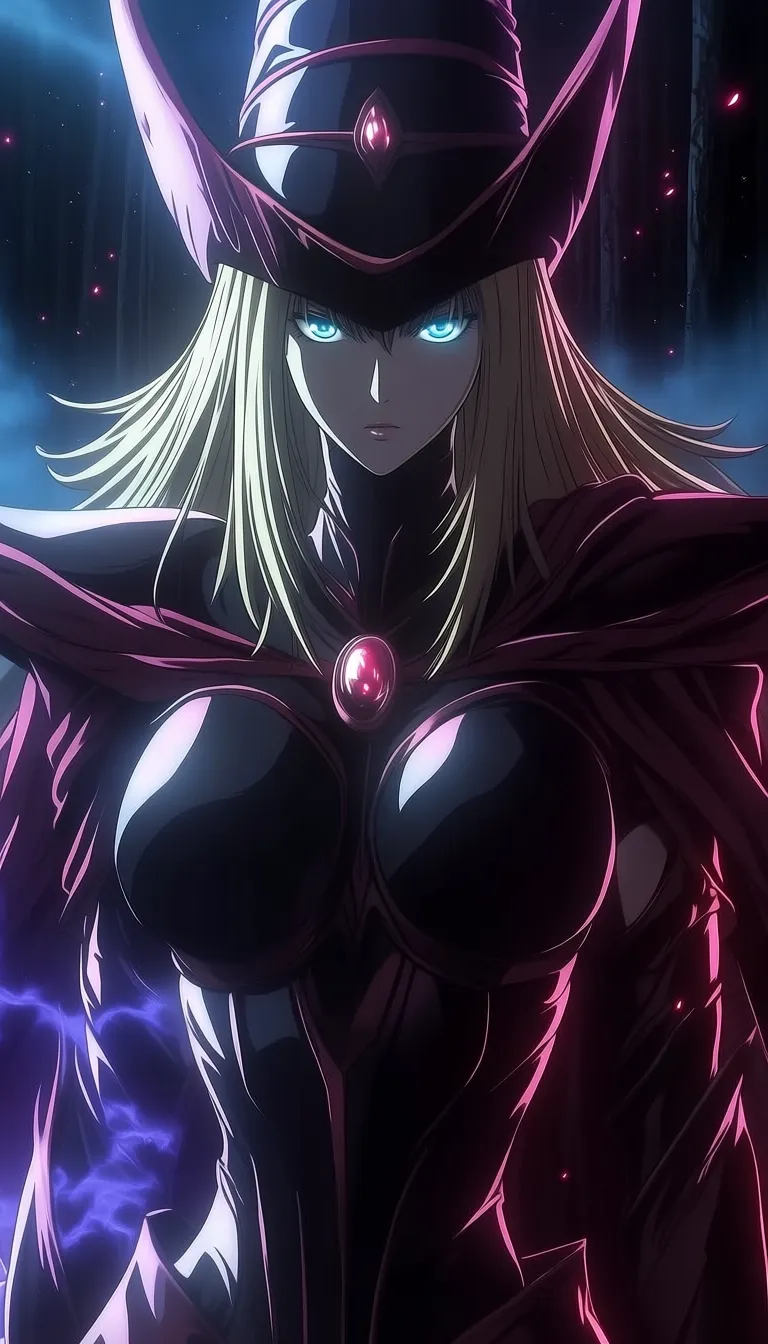 dark_art_style, (dark magician girl:0.6), 1girl, solo, blonde hair, long hair, straight hair, blue eyes, glowing eyes, intense gaze, serious, determined, looking at viewer, close up, dynamic angle, witch hat, hat, wizard hat, cloak, cape, fantasy outfit, mage, sorceress, magic, jewel, gem, ornament, armor dress, dark outfit, shoulder armor, elegant, powerful, forest, night, dark forest, magical atmosphere, glowing particles, aura, energy, mist, cosmic background, starry effect, purple lighting, blue lighting, cinematic lighting, dramatic lighting, anime style, detailed, high detail, vibrant colors, masterpiece, best qualit