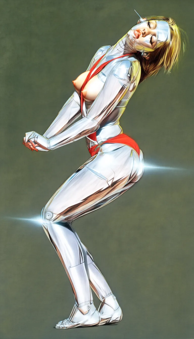 @hajime sorayama,photo-realistic ,detailed shading,
dispersion, caustics,
high detail, realistic, professional, traditional art, shiny chrome texture, smooth surfaces, realistic lighting and shadows. minimal light streaks,
concept art, futuristic, sci-fi, robotic, humanoid, female cyborg, organic face, flesh head, very pretty face, half-robot, part chrome part flesh, biorobot, background gradient, complimentary vivid color, glow around body,
1970s
NSFW, erotic, sexual, suggestive, young girl, superfeminine, gynoid, sexy, attractive, medium breasts, slender figure, chrome skin not face, shiny, futuristic, robotic body parts, (clear border between metal and organic parts:1.5),(visible edge of metal parts:1.5)
very beautiful, detailed portrait, traditional art, hyperrealistic, organic head, natural face, flesh face, hair as separate part, natural hair, strands of hair,
1girl, young girl, robot girl, chrome skin, wine red sling bikini, shiny, detailed, realistic, futuristic, attractive, sexy pose, {@standing relaxed|bending over|leg raised, bent knee|yoga pose|squatting|expressive pose|kneeling|dance-like pose|leaning on the wall}. erotic, suggestive, young, slim, chrome body, shiny, {@head turned|head thrown back|head straight|looking at viewer|elegant turn of head|}, eyes {closed|half-closed|lids shut|wide open}, {relaxed expression|neutral expression|excited expression|seductive expression}, natural hair, {@blonde|brown|auburn|mixed color|dark|shiny black}, {long|short|bobbed|side-cut|mohawk},
detailed anatomy, visible joints, futuristic design, robotic, sleek, polished chrome, high quality, professional digital art, detailed textures, wine-red sling bikini, chrome texture, glowing highlights, realistic lighting, sci-fi concept, attractive young girl, erotic robot, detailed anatomy, shiny surfaces, high detail, professional painting,