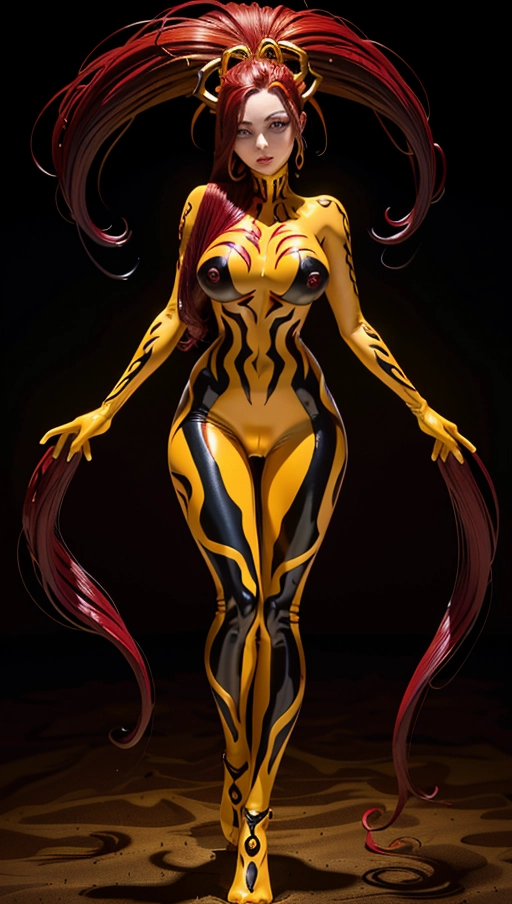 ((Burgundy red and yellow symbiote girl)), ((((hair-raising symbiote)))), ((burgundy red and yellow symbiote goo)), ((((burgundy red long hair with yellow strands)))), ((red and yellow symbiote goo suit)), (((yellow strands))), (((((symbiote goo hair))), ((((burgundy red and yellow symbiote goo body)))), ((burgundy red hair)), ((very very long hair)), (((big cameltoe)))