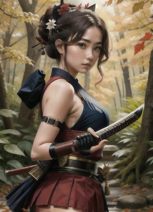 (best quality, masterpiece), 1girl, katana, seductive samurai, looking at viewer, dual wielding, tree, leaf,