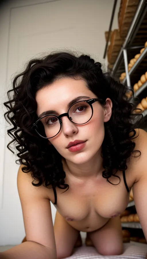 18 years old bakery shop lady, (lying flat on back in back stock), short black curly hair in a bun, full lips, black metal frame round gasses on peak of nose, beautiful dark shining eyes, defined cheeks, defined jaw, small, thin chest, shy smile, nice teeth, low angle camera view close up, spreading legs, grabbing legs, <lora:dpmg_pov_cowgirl:0.5>
