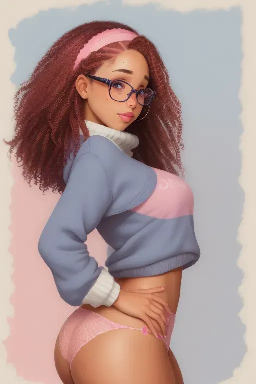 mixed girl, short light brown wavy hair, pink head band, glasses, blue eyes, full lips, full cheeks, dimples, large hip length blue sweater, freckles and moles, hand in panties, pink panties, full thighs, round butt, looking at me provocatively.