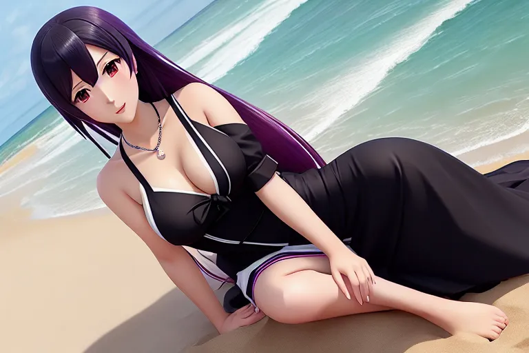 a digital art of,senjougahara hitagi,wearing ao dai,touching breasts,on the beach,five fingers per hand,fishtail hair,charming face,beautiful lips,black eyes,curved eyebrows,curved eyelid,textured skin,peaceful,wearing necklace,cgsociety,pixiv,artstation,smooth,professional