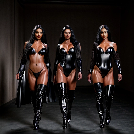 A professional high resolution photograph of three gorgeous fit models with dark tanned skin and long thick black shiny hair walking toward the camera
Background is dark medieval city at night
Models are wearing black leather dragon fantasy armor and thigh high black leather boots
Models are looking at the camera without smiling
studio lighting
<lora:dpmg_add_detail:1>
<lora:dpmg_muscle_girl:1>