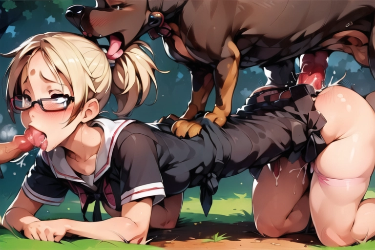 (1girl:1.1) , ahegao, ponytail , <lora:DXb15WArbKg_Doggy_c:0.8>, (dog:1.3), dog_knot, knot, high quality, detailed, (detailed_dog:1.3), forest_background, (blowjob:1.1)