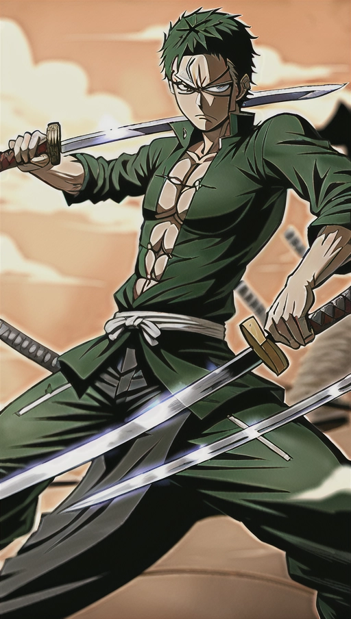 Roronoa Zoro in a sword stance preparing to strike. He looks serious and intense. There is green energy building up around him. His left eye is scared and closed.
